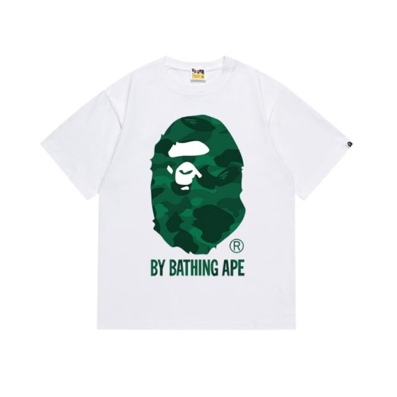 White BAPE T-Shirt with Green Camo Ape Head and "BY BATHING APE" Logo